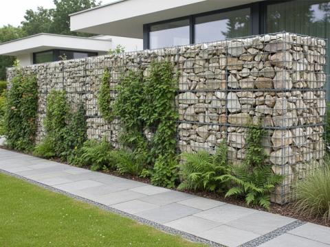 növényekkel beültetett gabion kosárszerkezet