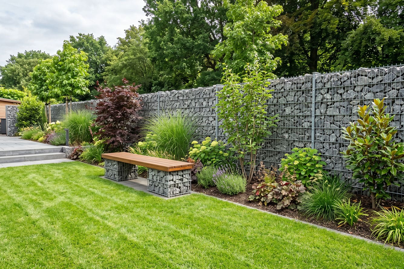 gabion rendszerből készült kerítés és gabion pad