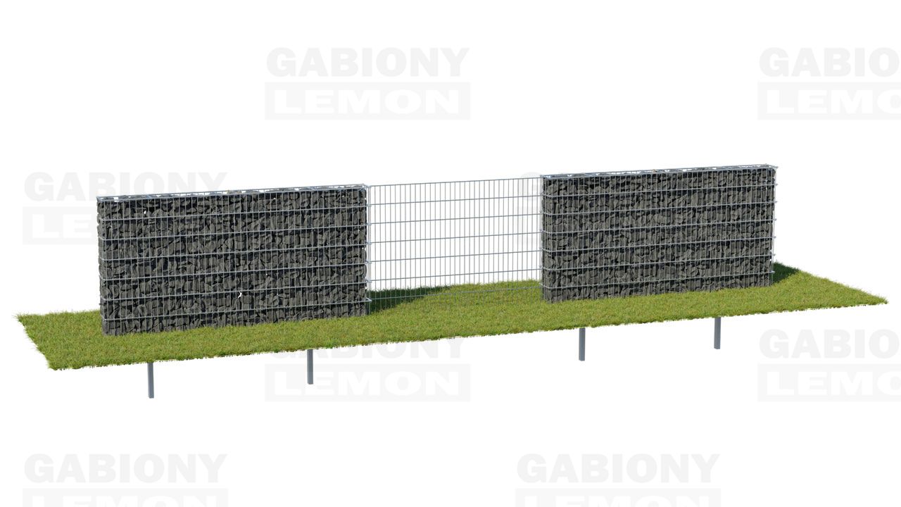 átlátszó kerítés 2D panelekből, átlátszatlan gabion kerítéssel